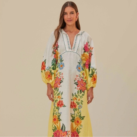 FARM Rio Floral Embroidered Dress - Yellow and White - Picture 1 of 9